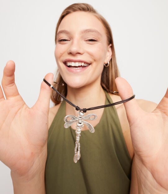 Long pendant necklace with a dragonfly, Silver, large